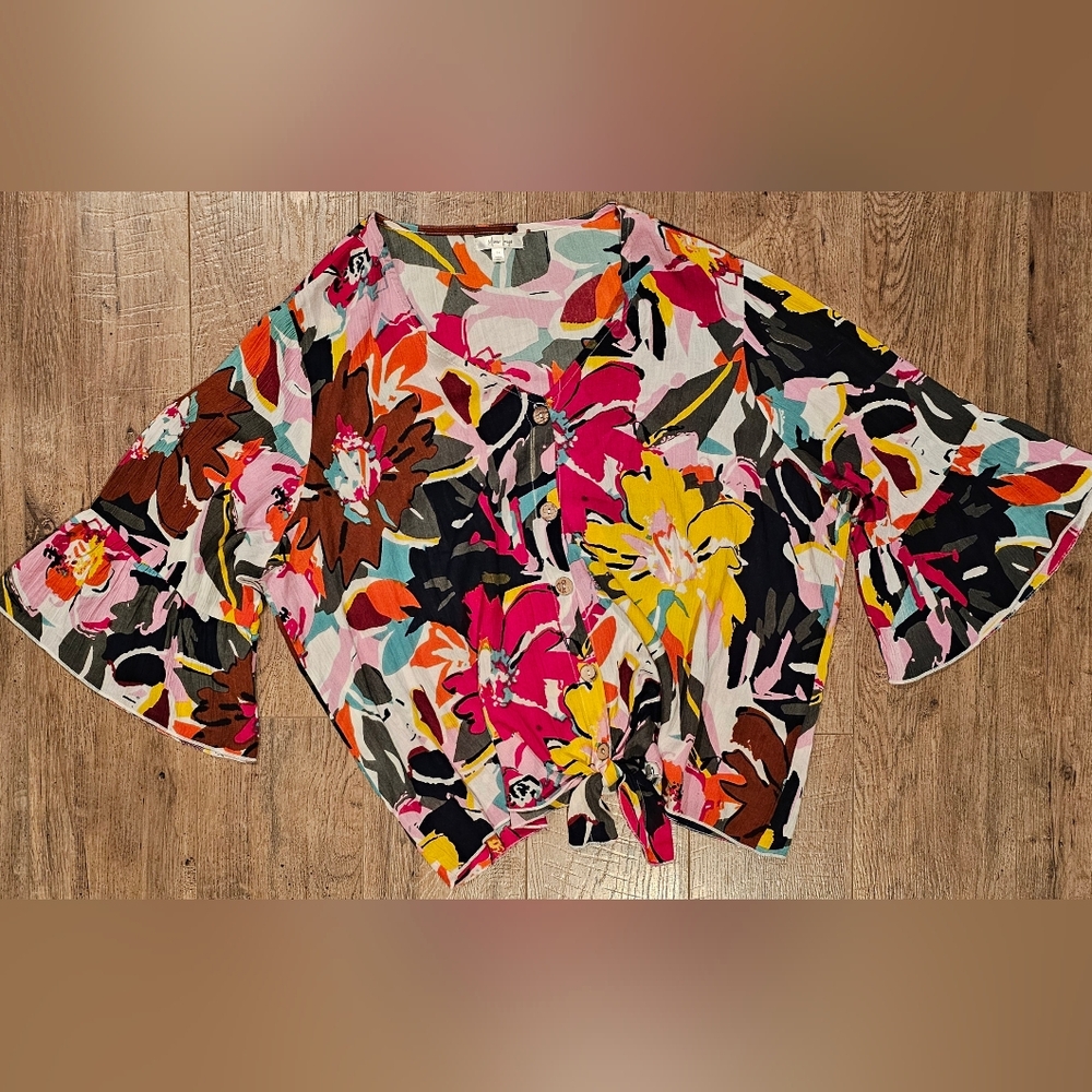 Floral Print Tie Waist Cropped Blouse Womens Size 1X